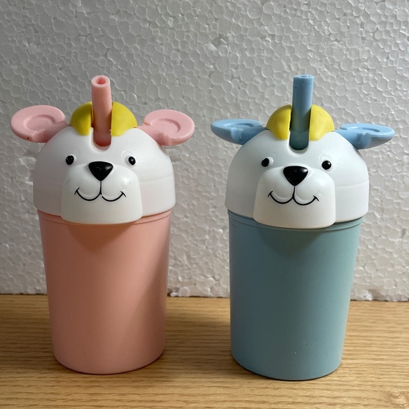 Vintage Sippy Cups Lot of 2 Blue & Pink  Puppy Dogs w Straws Toddler Thailand - Picture 1 of 12